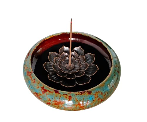 KOPYFANTAP Brûleur D'encens en Céramique avec Porte-Encens De Lotus en Laiton BrûLeur ,Délicat et Durable Idéal pour Le Yoga et La Méditation(Bleu) Cover