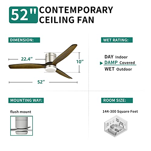 Yitahome 52 Inch Low Profile Ceiling Fan With Lights Remote And Wall Control, Flush Mount Fan With Quiet Reversible Dc Motor, 3 Colors Light Changing, 6 Speed, For Outdoor/Indoor, Silver & Walnut #TOP5