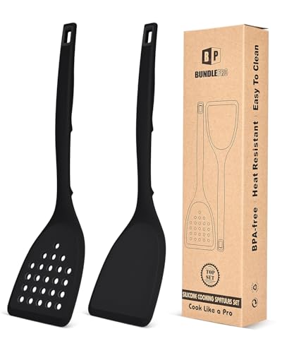 Pack of 2 Silicone Spatula Turner, Non Stick Kitchen Spatulas Set with Back Hooks, Heat Resistant BPA Free Kitchen Utensils, Suitable for Flipping Fish, Eggs, Steak, Pancakes (Black)