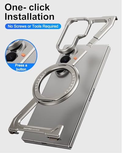 Image of Z Shaped Metal Frameless Phone Case for Samsung Galaxy Z Fold 7 with Wireless Charging | Minimalist Bezel Less with 360 Magnetic Ring Kickstand (Grey)