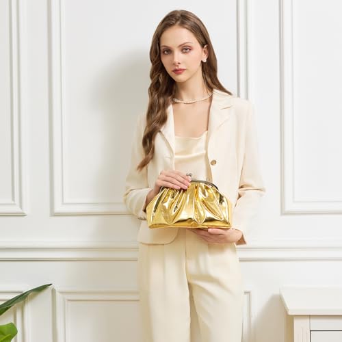 Image of BRYCTSISEN Pleated Evening Vegan Leather Clutch Handbag Purse Metallic PU Cloud Shoulder Bag for Women Evening Purse Handbag