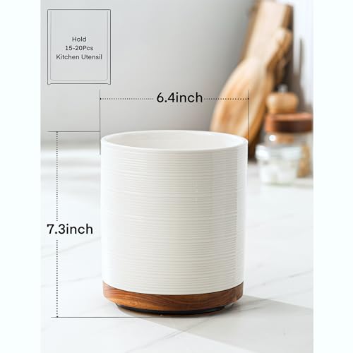Image of Utensil Holder, 360 Rotating Extra Large Ceramic Kitchen Utensil Holder for Countertop, 7.3 inch Cooking Utensil Crocks for Kitchen Counter with Rotatable Wooden Base, Farmhouse Decor, White