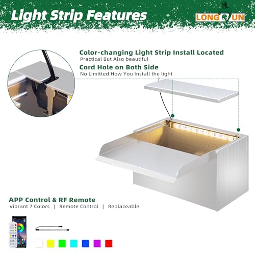 LONGRUN 23cm Teich-Wasserfall,304 Edelstahl Pool-Wasserfall mit Wasserpumpe,7 Farben Bluetooth LED Garten Brunnen