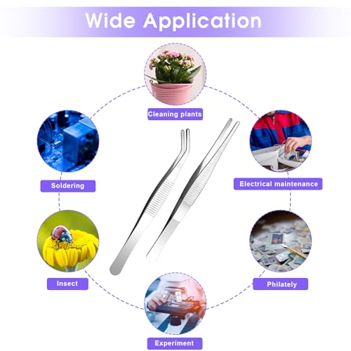 AOZUO 2 Stück 14 cm Gebogene Pinzette, Edelstahl Spitz Rutschfest Lang Stumpf Gerade Universal Abgewinkelte Pinzetten für Elektronik Laborarbeiten Wassertiere
