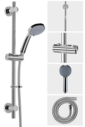 Croydex Presion High Pressure Chrome Shower Riser Rail Kit - Shower Head with 5 Spray Patterns, 68cm Riser Rail 1.75m Reinforced Stainless Steel Hose and Adjustable Slider with Flexi-Fix Wall Brackets