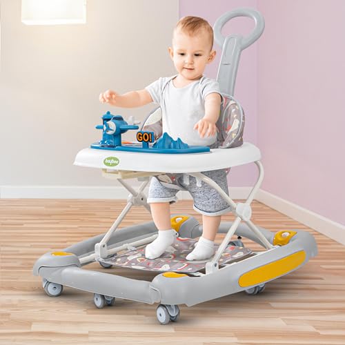 Image of Baybee 3 in 1 Staffy Baby Walker With Rocker & Push Handle - 3 Adjustable Heights, Mat & Musical Toy Bar for Kids 6-18 Months (Grey)