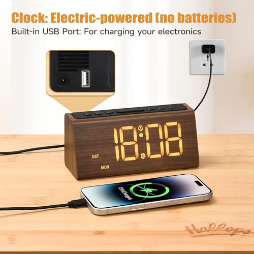 Cadmos Wooden Digital Alarm Clock for Bedroom,Electric Desk Clock with USB Port,Loud Alarm for Heavy Sleepers,Adjustable Volume & Dimmer,Snooze,DST,Wood Decor,Bedside & Desk Us(Brown - Amber Digits) - Image 3