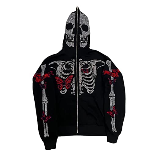 CbsdezanosY2k Full Zip Up Hoodie Sweatshirt Women Men Skeleton Printed Oversized Aesthetic Jacket Vintage Graphic Tops (1, L)