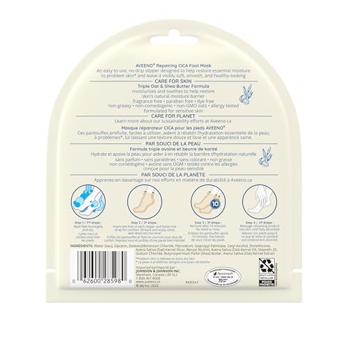 Aveeno Repairing CICA Foot Masks, Dry Skin Relief, Shea Butter, Triple Oat, Foot Care, Sensitive Skin, Fragrance Free, 2-pack - Image 3