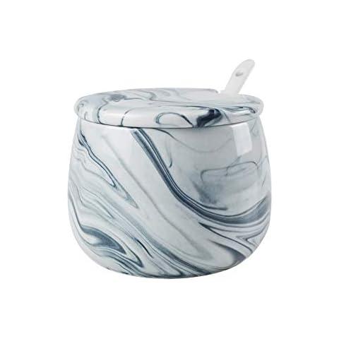 Sugar Bowl, Ceramic Black White Marble Sugar Bowl with Lid and Spoon for Home and Kitchen Cover