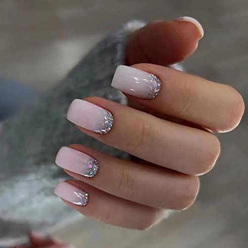 24Pcs French Tip Press On Nails Short Square Nude Pink Fake Nails Silver Glitter Glossy Design Nail Art Supplies Coffin False Nails Full Cover Artificial For Women Girls Acrylic Manicure Decorations #TOP21