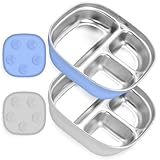 Flysich Stainless Steel Toddler Plate with Suction, Divided Deeper Baby Plates with Removable Silicone Sleeves for Kids, BPA Free| Non Toxic| Removable Base| Unbreakable Dinnerware 2 pack（Blue + Grey）