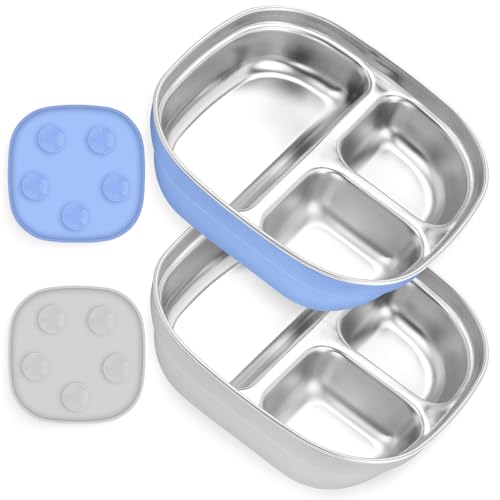 Flysich Stainless Steel Toddler Plate with Suction, Divided Deeper Baby Plates with Removable Silicone Sleeves for Kids, BPA Free| Non Toxic| Removable Base| Unbreakable Dinnerware 2 pack（Blue + Grey）
