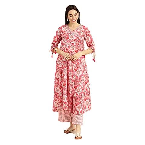 Kurta-Set für Damen, Kurti mit Palazzo-Hose, Hosen-Set für Damen, indische Partykleidung, Kleid, Pink & Weiß - 6, X-Large Cover