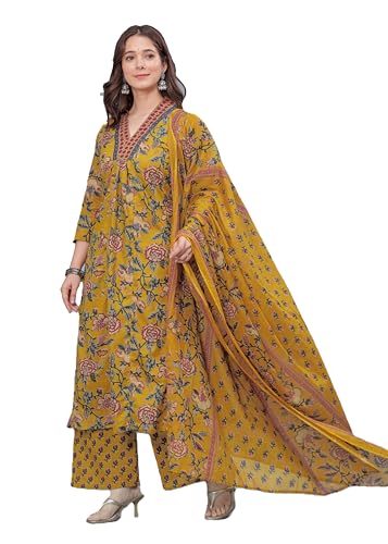 Image of Arayna Women's Pure Cotton Block Printed Kurta Set with Palazzo Pants & Dupatta - Ethnic Wear