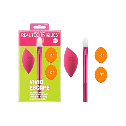 Real Techniques Conjunto de 4 corretivos Vivid Escape Bright Eyes, inclui pincel de maquiagem de pata de gatinho, pó e esponja de mistura de corretivo, ocultação direcionada, adequada para viagens,