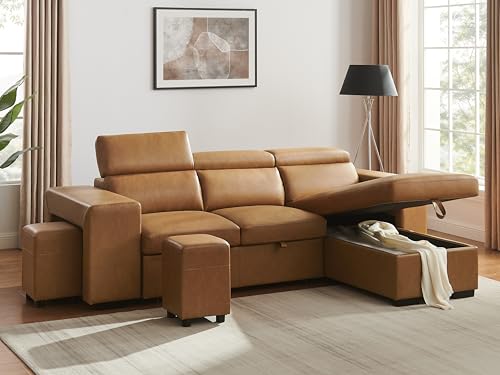 THSUPER 102'' Leather L Shaped Sectional Sleeper Sofa Pull