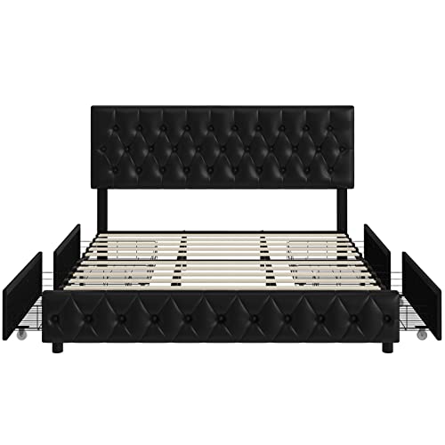 Keyluv Modern Upholstered Bed Frame With 4 Drawers, Faux Leather Platform Bed With Button Tufted Headboard, Solid Wooden Slat Support, Easy Assembly, Queen Size, Black #TOP7