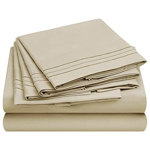 HOMEIDEAS 6 Piece Buckle Embroidered Edge Bed Sheets Set Extra Soft Brushed Microfiber 1800 Bedding Sheets Deep Pocket, Wrinkle & Fade Free (Double, Cream) Cover