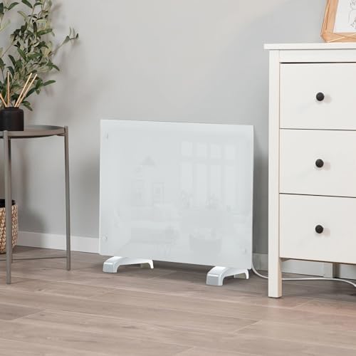Electric Heater Glass Panel Radiator - Ultra Slim (11cm) - 1Kw-2Kw - Adjustable Thermostat - Wall Mountable or Free Standing - Wall Bracket Included (White (1000W))