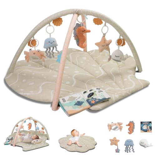 Suihuooo Spielbogen Baby, Ozean Muschel Thema Spieldecke Baby, Baby Gym mit 6 abnehmbare Aktivität Spielzeug, frühe sensorische Entwicklung Baby Play Mat für Kleinkind & Neugeborene (Beige)