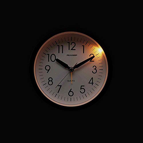 Peakeep Battery Operated Alarm Clock Silent Non Ticking, Gentle Wake, Increasing Beep 4 Inches Round Clock Volume, Easy Set (Black) #TOP3