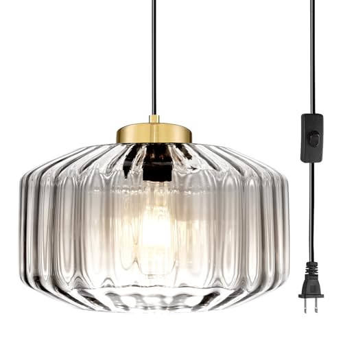 Image of Clear Plug in Chandelier Corded Ceiling Hanging Light Gold Kitchen Island Pendant Light with Corded On /Off Switch Plug in Light Fixtures for Bedside Dining Room