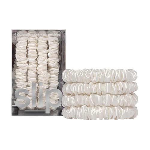 slip Skinny Scrunchies: Anti-Crease, Anti-Breakage Slipsilk™ Design Protects Delicate Hair | Includes 4 Pure Silk Scrunchies, White