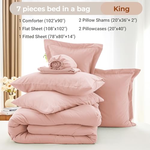 MUXHOMO 7 Pieces King Comforter Set, Soft Bed in a Bag King Size, All Season Bedding Set with Comforter, Flat Sheet, Fitted Sheet, Pillowcases & Shams, Rose Gold