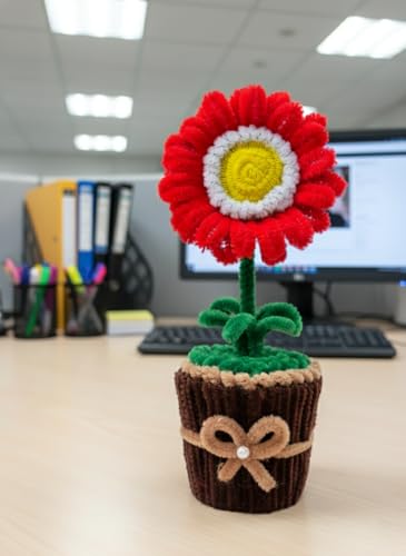 Image of Handmade Artificial Flower Pot for Home Decor | Cute Fuzzy Wire Pipe Cleaner Flower Plant | Aesthetic Tabletop Decorative Pot for Home, Office & Gifting (Soft Bloom :- White-Red)