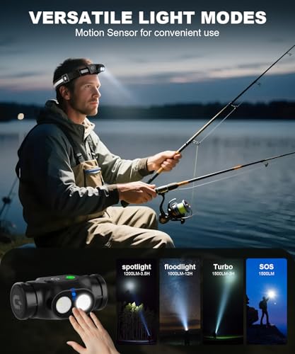 Spriak Rechargeable Running Headlamp, High Lumens Bright Head Lamp Led with Motion Sensor, 4 Modes, Magnet, Detachable Flashlight & Headband for Adult, Outdoor, Emergency, Hard Hat Light 4PC — view 5