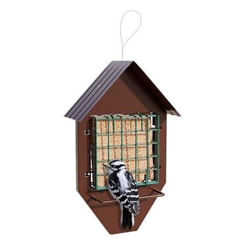 MEKKAPRO Suet Wild Bird Feeder with Hanging Metal Roof, Two Suet Capacity, Bird Feed Recommended (House with Single Feeder) Cover