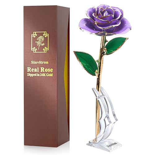 Image of Sinvitron Gold Dipped Infinity Rose - Eternal Resin-Preserved Rose | Forever Flower Decor for Birthdays, Mother's Day, Anniversaries | Unique Gift for Women, Mom, Wife (Lavender Purple)
