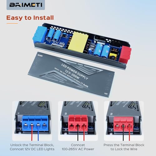 Image of LED Power Supply 12V 200W, LED Driver 16.6A Transformer AC 120V to DC Low Voltage Switching Converter Constant Voltage Ultra Slim Adapter for Strip Light Cabinet Lights