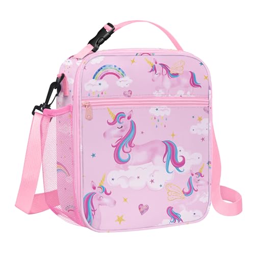 Clastyle Princess Insulated Kids Lunch Bag Large Thermal Cooler Bag for Girl Picnic School Lunch Box Tote, Pink Rainbow Cloud