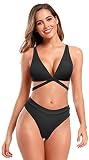 SHEKINI Damen Bikini-Set Elegant Neckholder V-Ausschnitt Crossover Bandage Oberteil Verstellbarer Zweiteiliger Badeanzug Hoher Schnitt Bikinihose Bademode (XL, Schwarz)