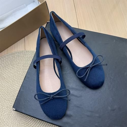 Image of TN TANGNEST Women's Mary Jane Flats Bow Ballet Shoes | Round Toe Flats with Buckle Strap Dressy Comfortable Faux Suede Flats