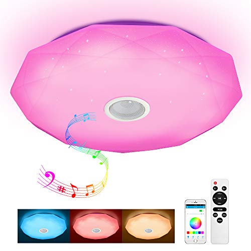 Lámpara de techo led con mando a distancia y altavoz Bluetooth (MP3, 36 W, 2800-6500 K, RGB, con cambio de color, regulable, luz blanca cálida) [Clase de eficiencia energética