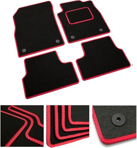 DB Bespoke - Tailored Car Mats - Compatible with Vauxhall Corsa F 2019-2025 - Black Carpet - Non-Slip Carpet Mat - 4 Piece Floor Mats with 2 Clips - Red Trim