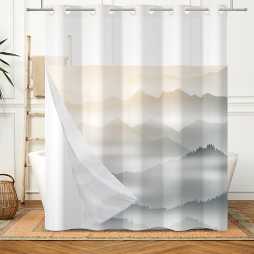 Lexfvpoo Cortina de ducha sin gancho con forro de tela a presión, juego de cortinas de ducha para baño, modernas de doble capa, impermeable, con ventana superior transparente, 71 x 74 pulgadas