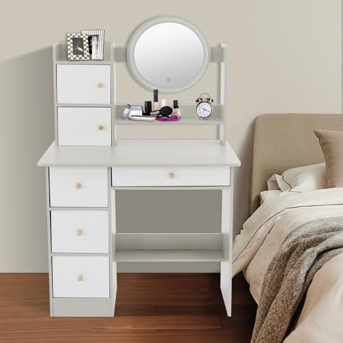 Grey Makeup Vanity Desk with LED Mirror, Princess Dressing Table for Girls, 31.5"x16"x51" with Storage Drawers & Shelves, for Kids & Teens