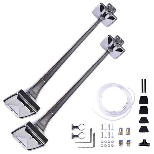 Prefer Warehouse Pair Chrome Roof Mount Low Tone Air Horn & Base Mount - Compatible with Peterbilt, Kenworth, Mack, Ford