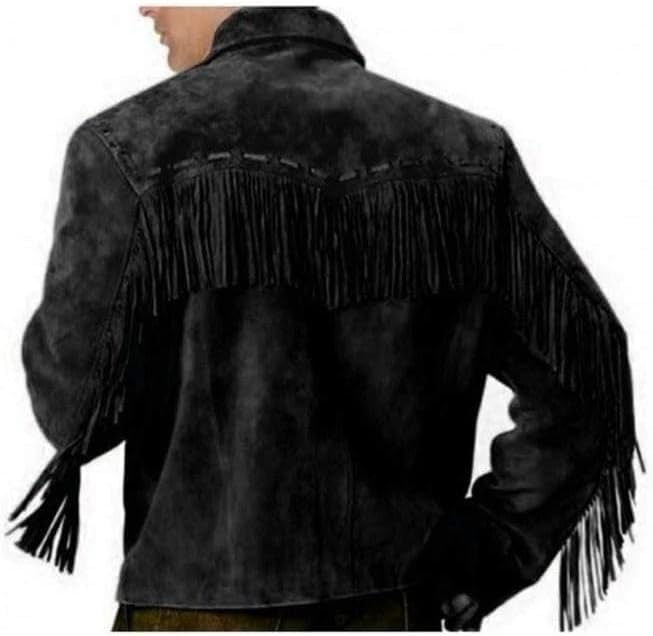 Mens Fringe Jacket - Western Cowboy Brown Faux Suede Leather Fringed Jacket with Fringes