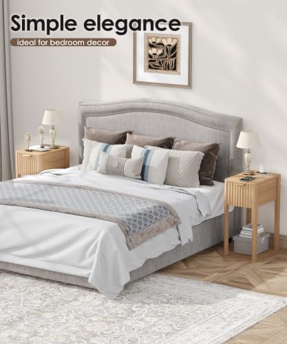 Image of Akxomel Narrow Nightstand Set 2 with Charging Station Fluted Table Oak