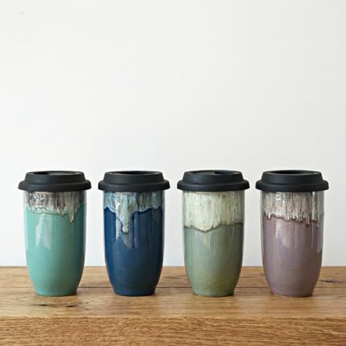 Bosmarlin Ceramic Travel Coffee Cup with Lid, 16 Oz, Portable Coffee Mug for Car Cup Holder, Microwave and Dishwasher Safe, Reactive Glaze (Pale Green, 16 Oz)