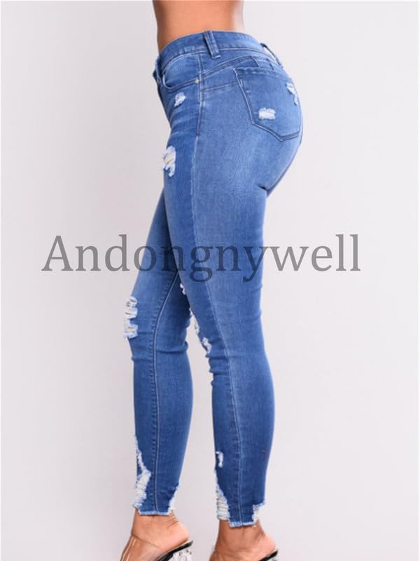 Andongnywell Women's Distressed Ripped Destroy Stretch Denim Pants Butt-Lifting Skinny High Waist Frayed Jeans3