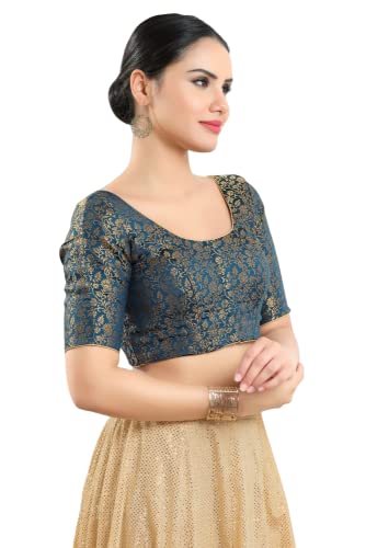 Image of Vamas Women's Brocade & Georgette Padded Self Design Half Sleeve Readymade Saree Blouse (X-1126.ELB)