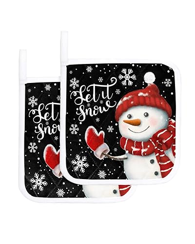 Black Snowman Christmas Pot Holders 2 Pack, Xmas Winter Snowflake Hot Pads for Kitchen with Hanging Loop, Classic Black Pot Holder Oven Hot Pad Washable Potholders for Cooking Baking 8.25