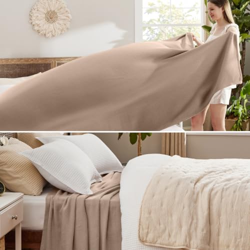 Image of Bedsure 100% Cotton Blanket, Herringbone Weave, King, Coffee Brown