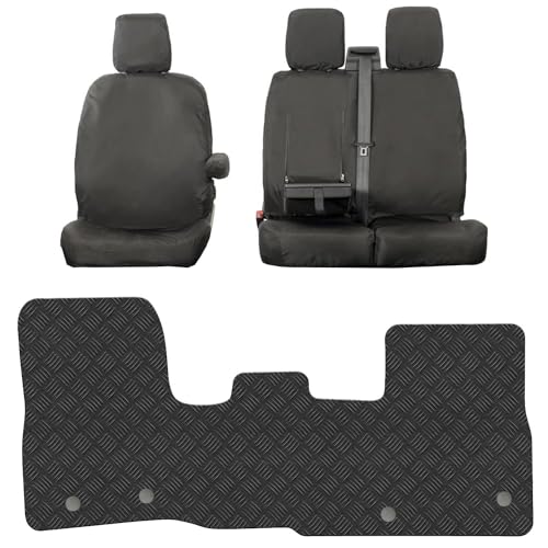 Rubber Floor Mats + Seat Covers Bundle for Ford Transit Custom (2013-2023) Tailored Fit Black Van Mat Accessory - Anti-Slip with Clips